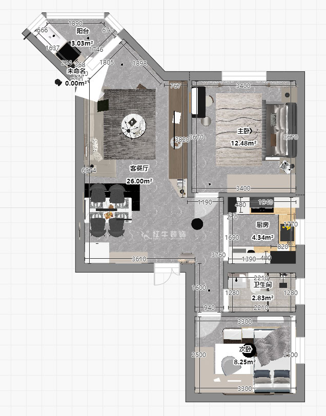 孟宪涛｜北门桥10号1508室-85㎡-现代简约风格｜2室2厅1卫｜老房装修｜定制家｜全包12万｜00_04平面彩图